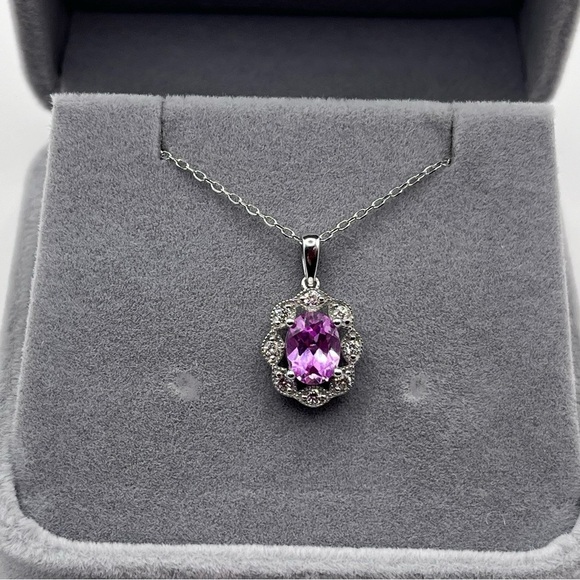 1.25 CT Oval Cut Pink Sapphire and .30 CT Diamond Necklace 925 Sterling Silver - Picture 1 of 7